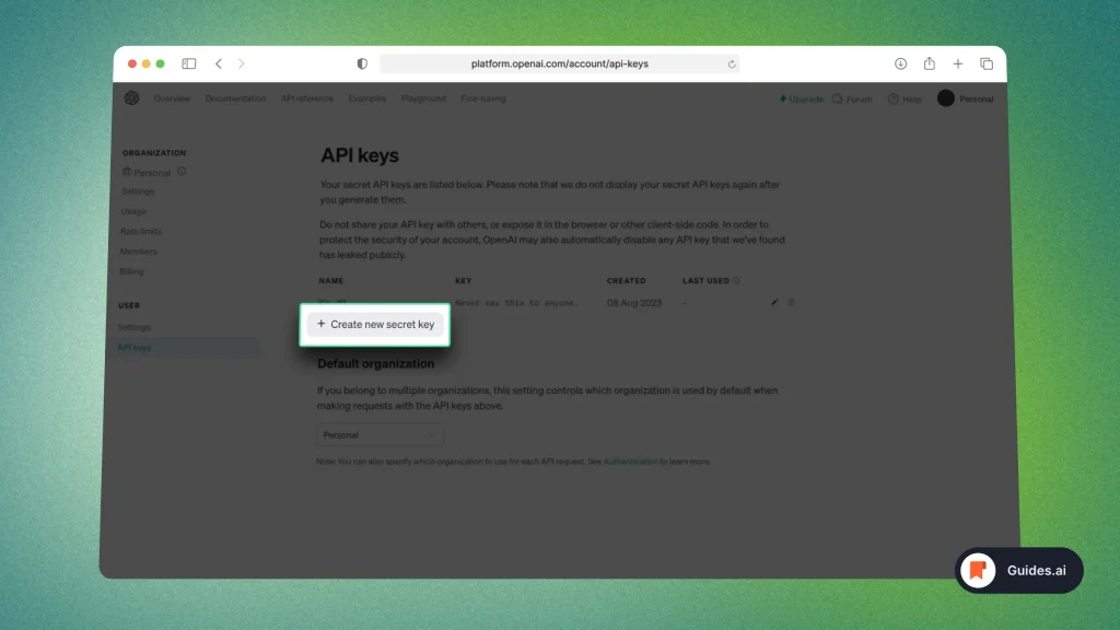 Creating a new API Key in OpenAI
