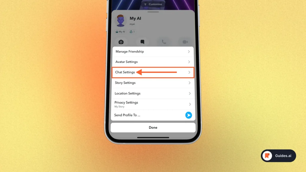 Opening chat settings in Snapchat AI