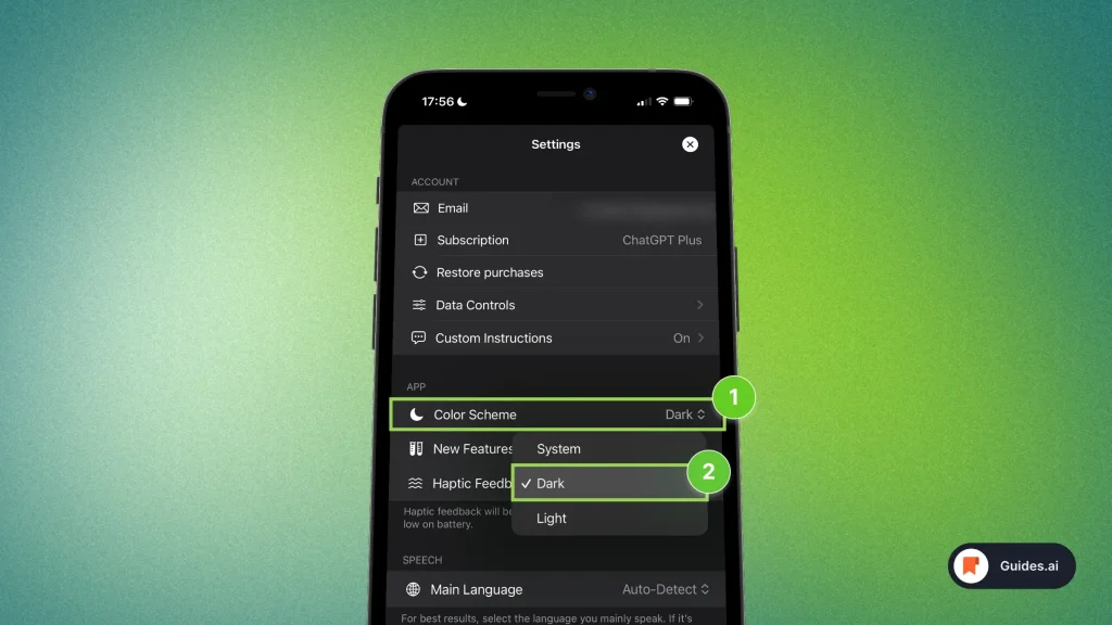 Switching ChatGPT to dark mode on iPhone