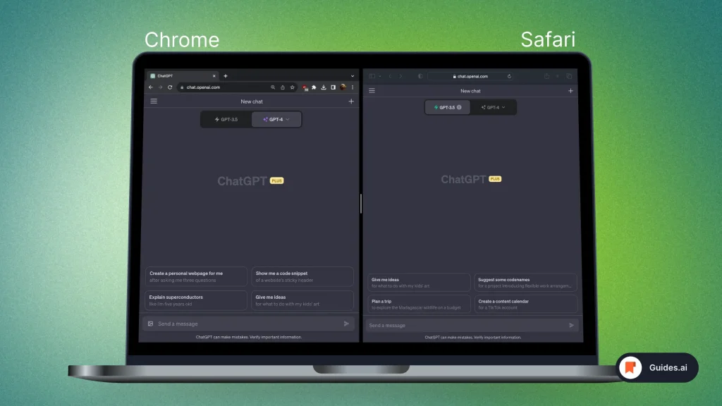 Two ChatGPT Websites in Full Screen in Chrome and Safari on a Mac
