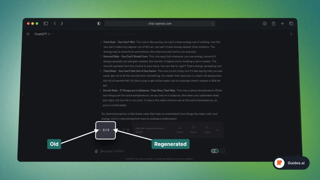 Switching from regenerated to old answer in ChatGPT