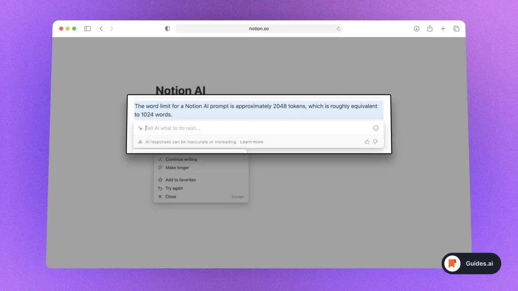 Asking Notion AI about its word limit