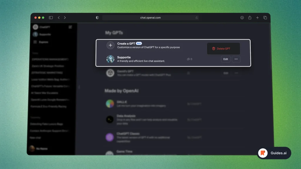 Deleting a GPT model in ChatGPT