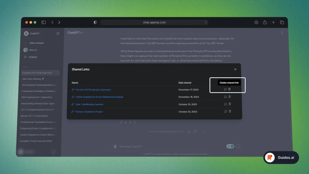 Deleting a shared conversation's link in ChatGPT