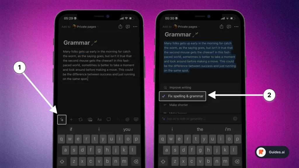 Fixing grammer issues with Notion AI on mobile