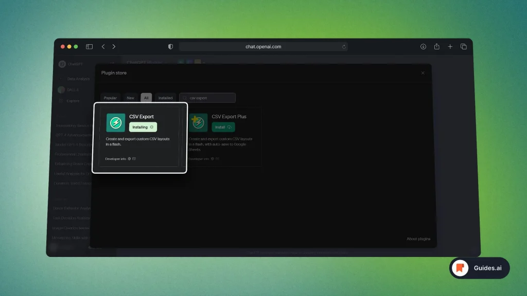 Installing CSV Export plugin in ChatGPT