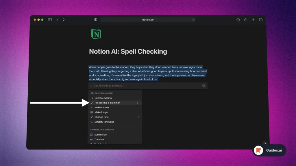Notion AI - Fix grammar and spelling