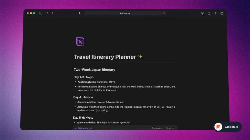 Notion AI as a Travel Itinerary Planner