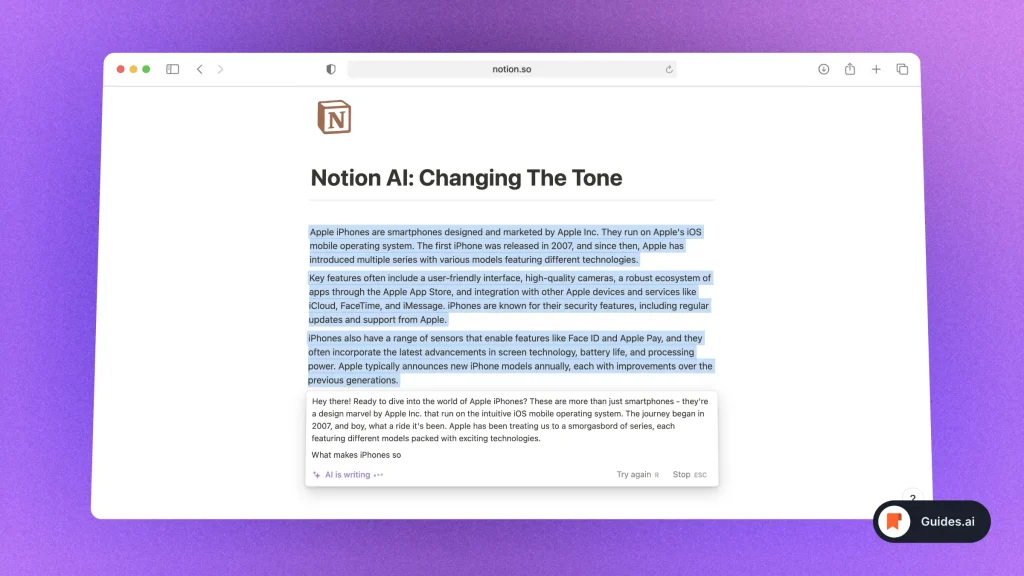Notion AI changes the tone of text