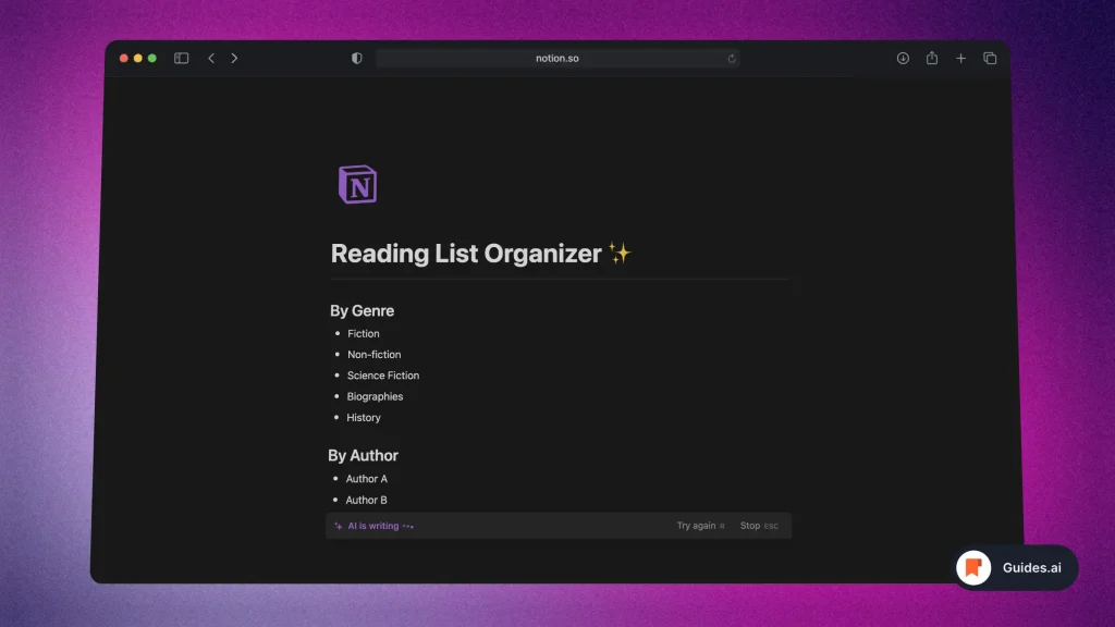 Notion AI creates a Reading List Organizer