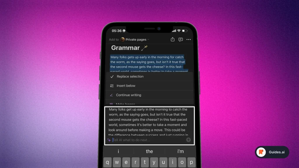 Notion AI fixes grammar on iPhone