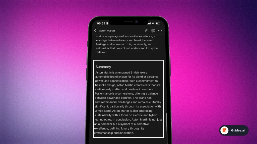 Notion AI gives the summary for text on iPhone