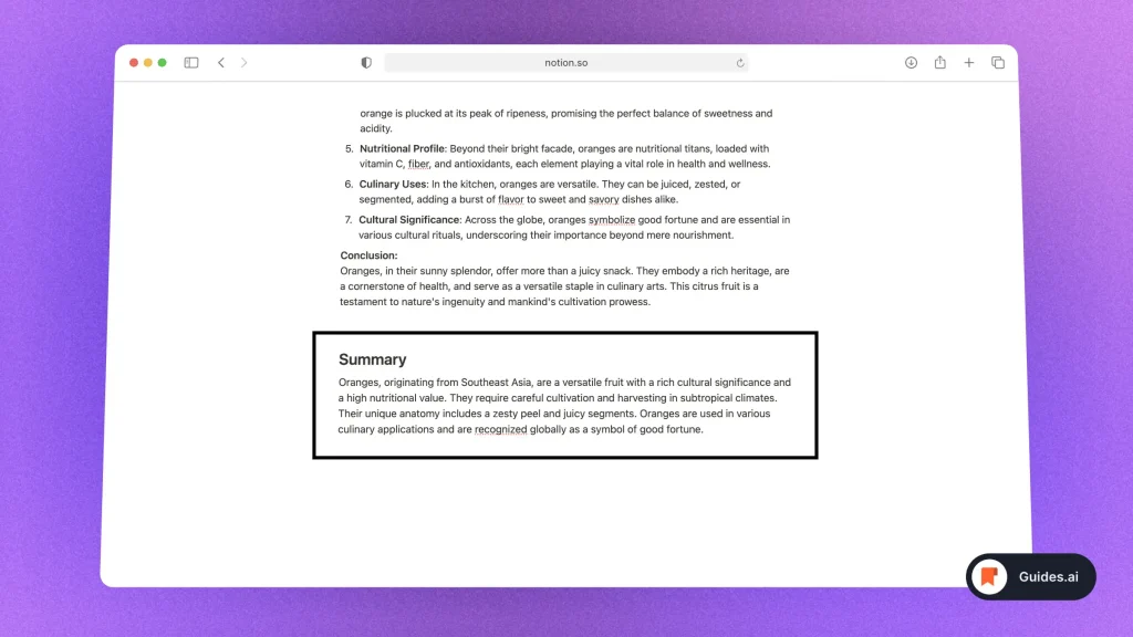 Notion AI gives the summary of a document