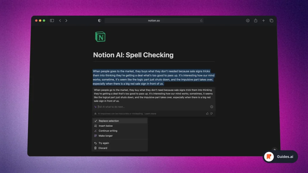 Notion AI rewrites and spell checks