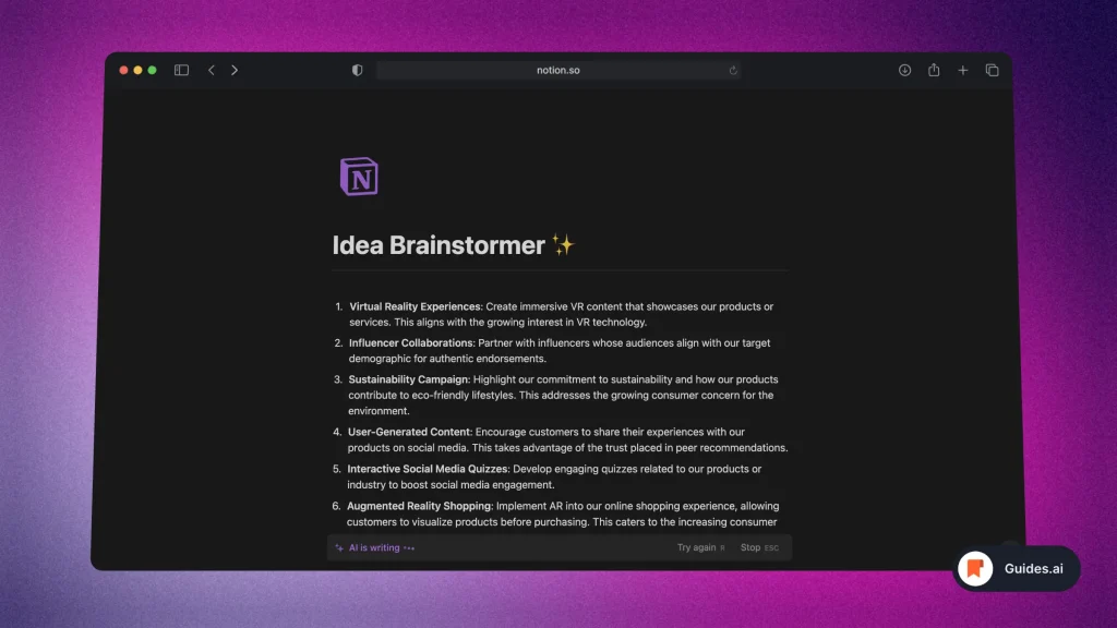 Notion AI sets up an Idea Brainstormer