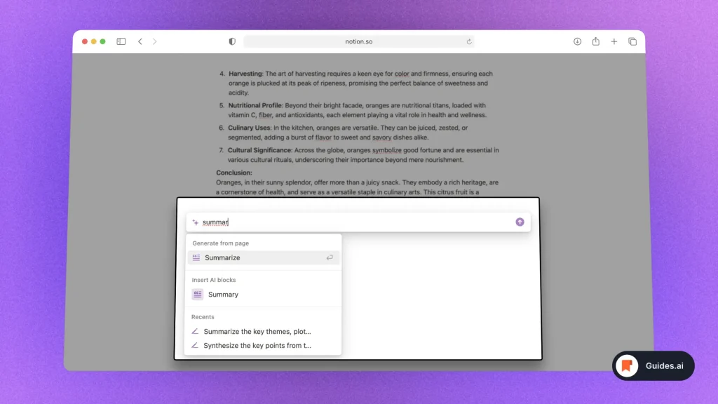 Notion AI summarizes a document
