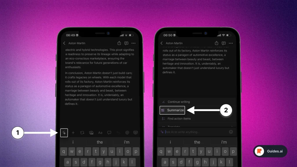 Notion AI summarizes text on mobile