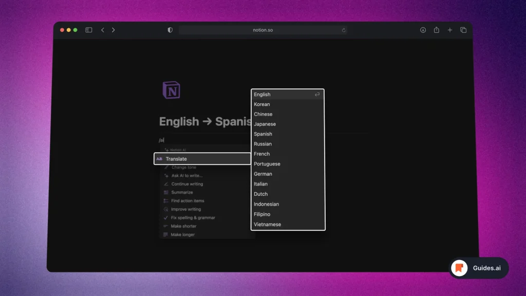 Notion AI supported languages for translation