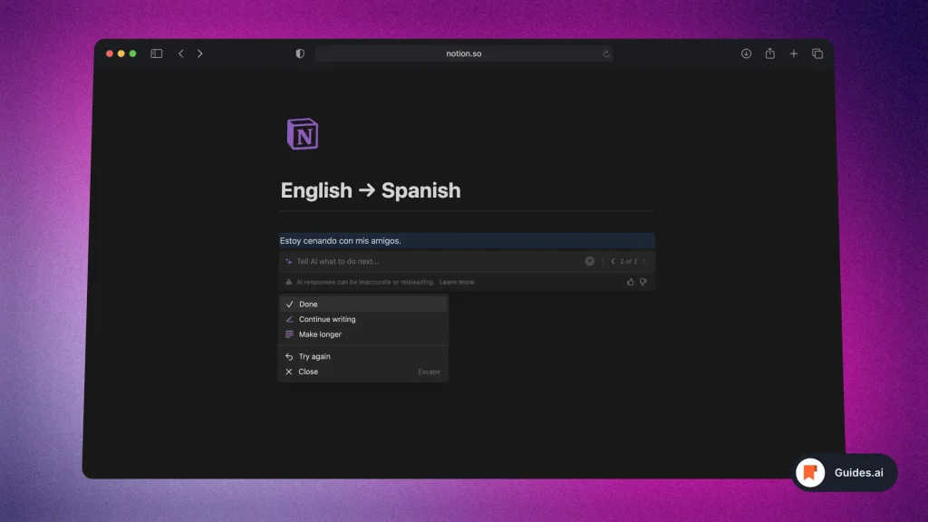 Notion AI translates text from English to Spanish