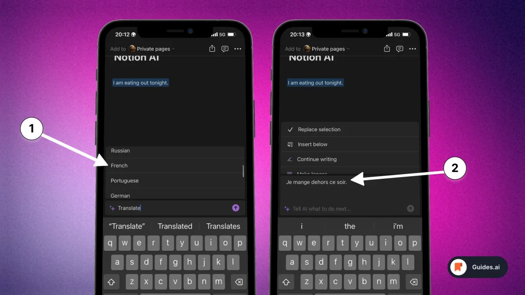Notion AI translates text to french on mobile