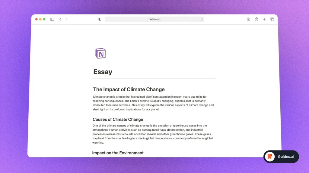 Notion AI writes an essay on climate change
