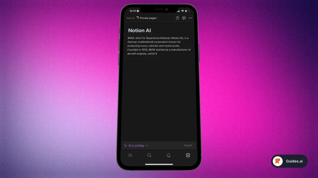 Notion AI writes on essay on an iPhone