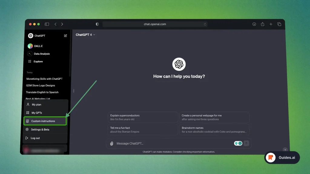 Opening Custom Instructions In ChatGPT
