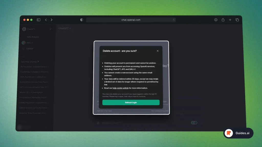 Refreshing ChatGPT to delete account