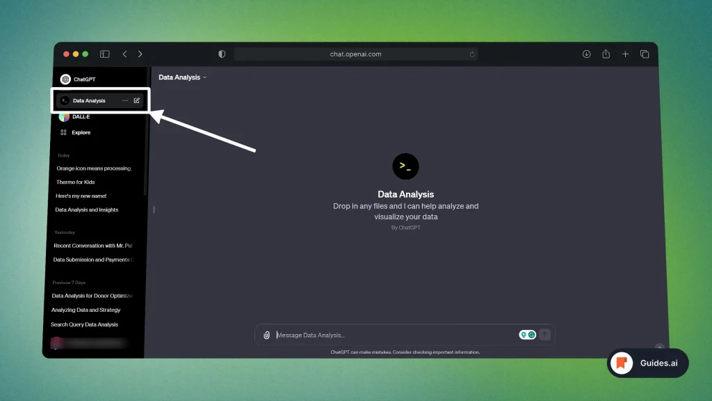 Selecting Advanced Data Analysis in ChatGPT for a new conversation