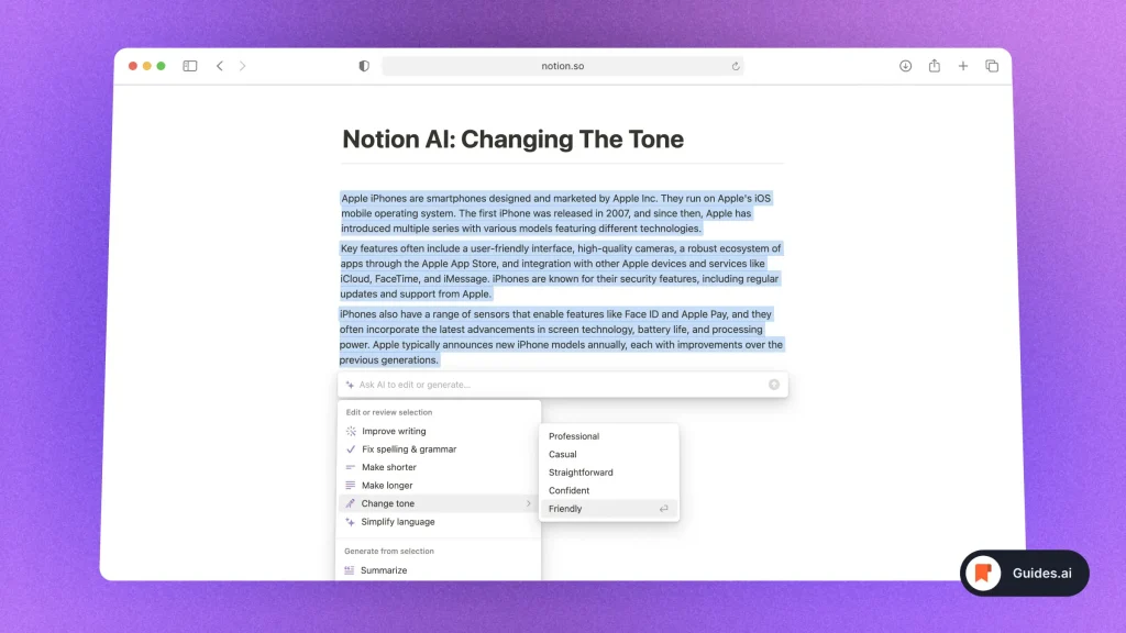 Selecting a new tone in Notion AI