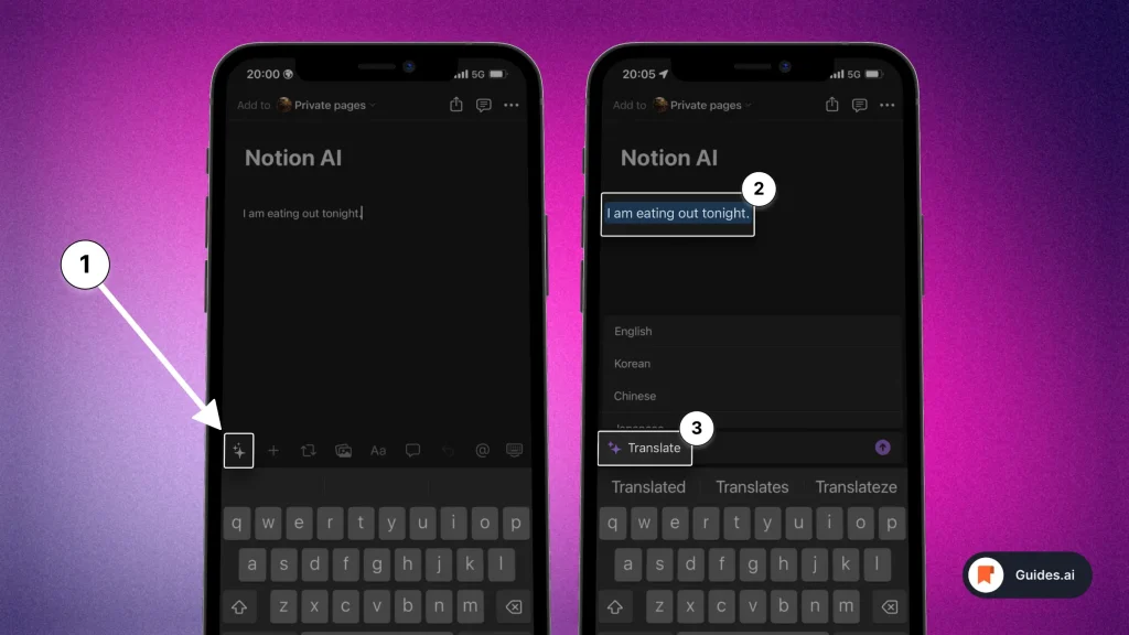 Translating text with Notion AI on mobile