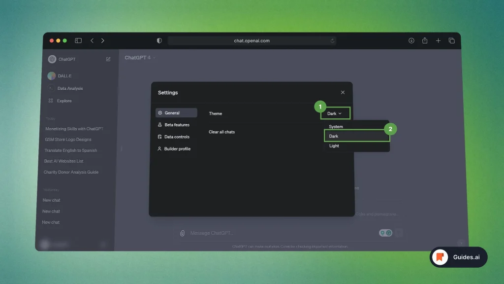 Turning on dark mode in ChatGPT