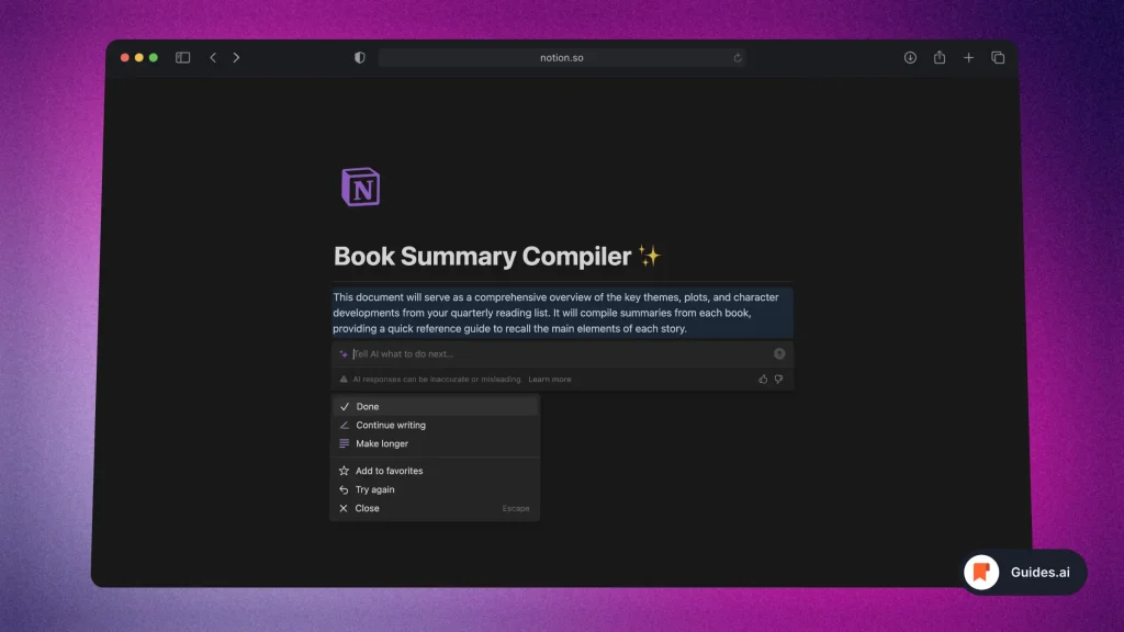 Using Notion AI as a Book Summary Compiler