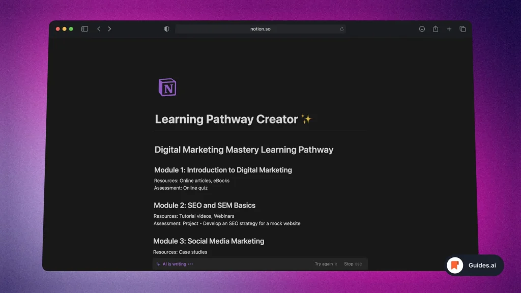 Using Notion AI as a Learning Pathway Creator