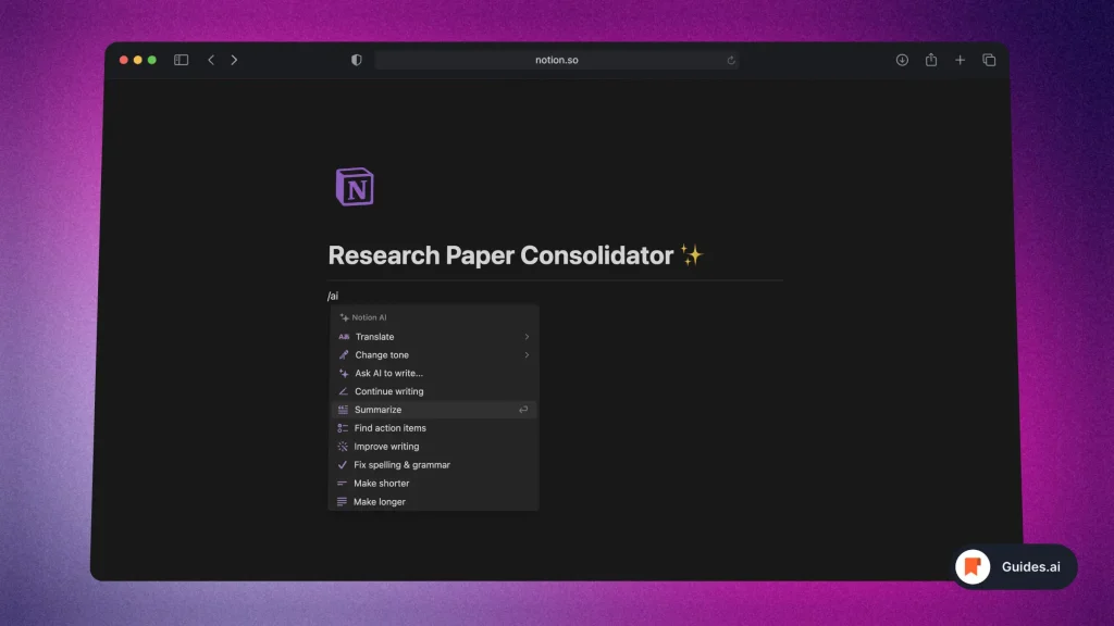 Using Notion AI to summarize text